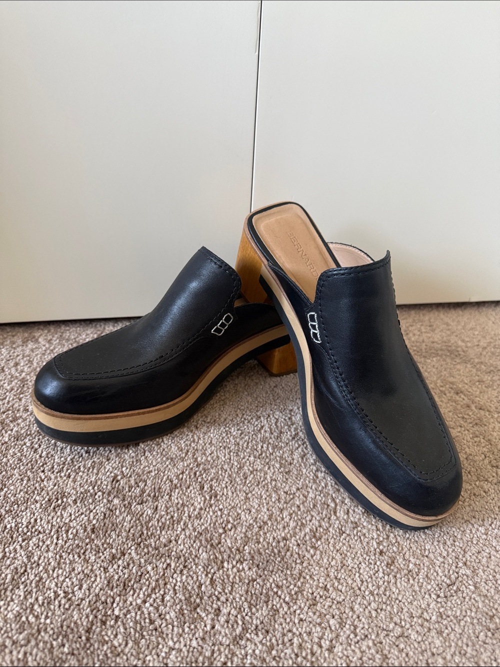 Bernardo Black Leather Platform Mule with Wood-Tone Block Heel